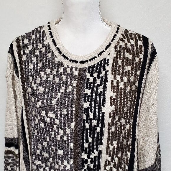 VINTAGE 1980s SW Casuals Barcode Corded Cream Brown Crewneck Knit Sweater 3XLT - Picture 3 of 11
